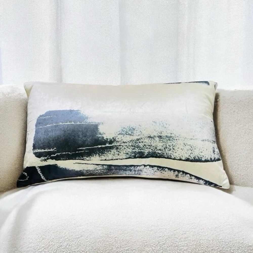 CALLISTO HOME Metallic Silver Foil Blue Velvet Lumbar Throw Pillow 14 x 23” New